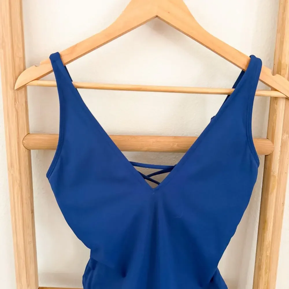 NWOT TA3 Plungey One Piece Swimsuit Sapphire Blue Lace Up Back Shapewear Medium